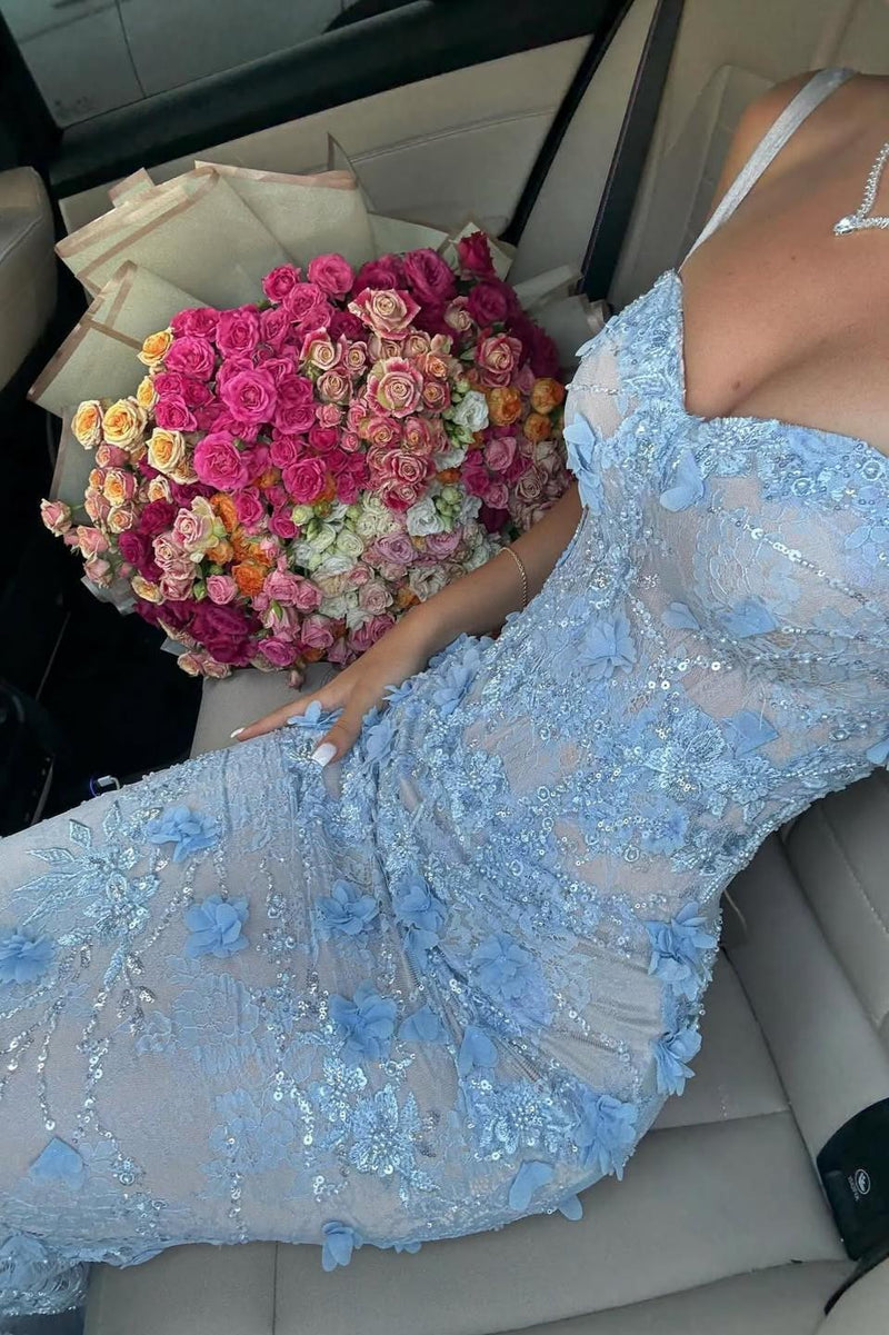 Light Blue 3D Floral Lace Beaded Mermaid Prom Dress with Illusion Corset Bodice