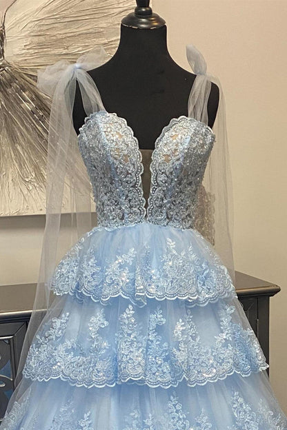 Light Blue Appliques Tiered Ruffle Prom Gown