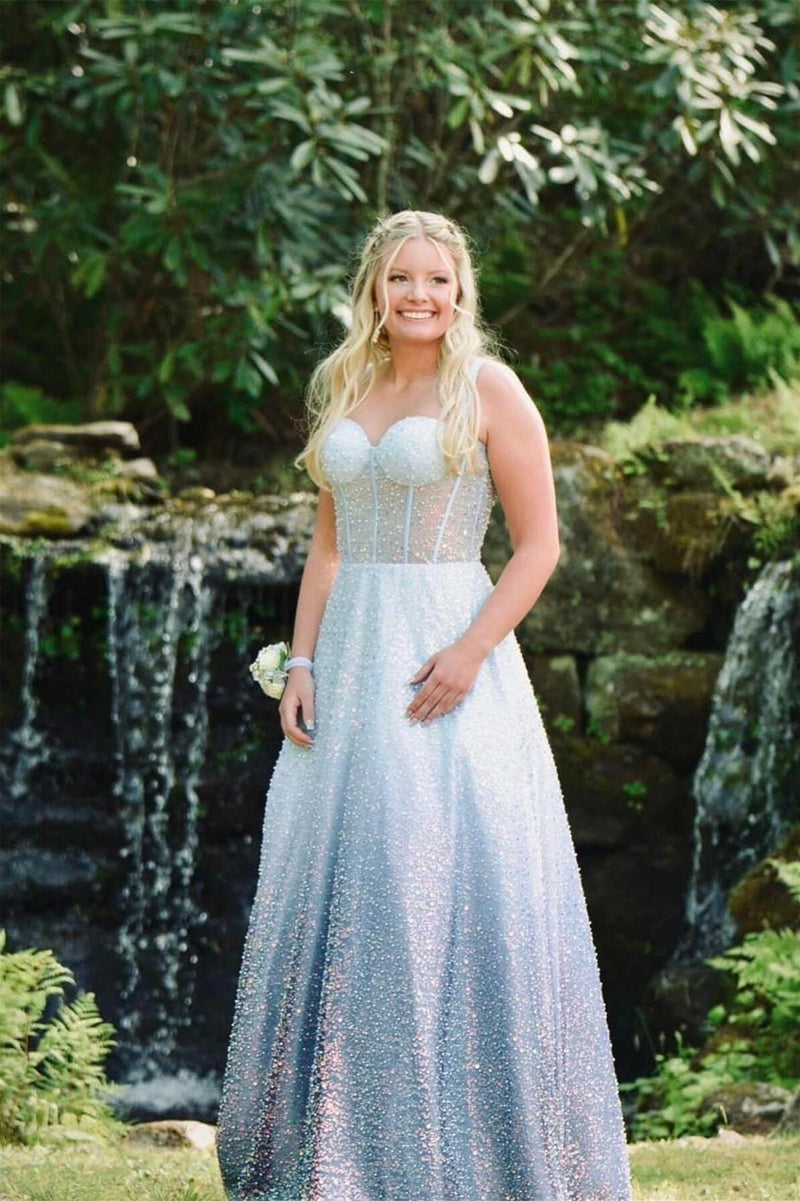 Light Blue Corset A-line Long Prom Dress