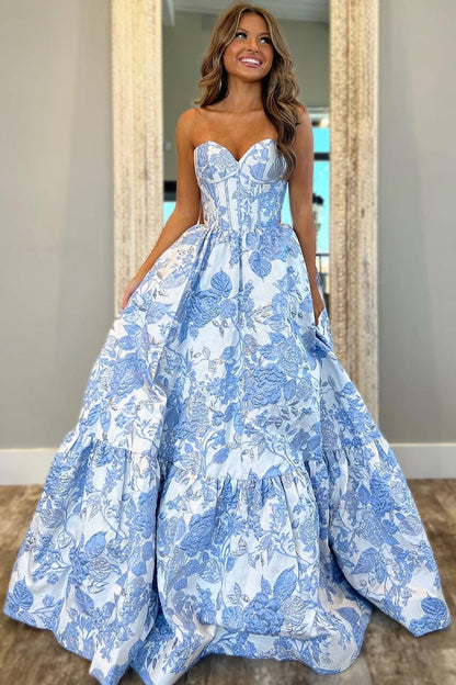 Light Blue Lovely Sweetheart Zipper Back A-Line Long Print Prom Party Dress