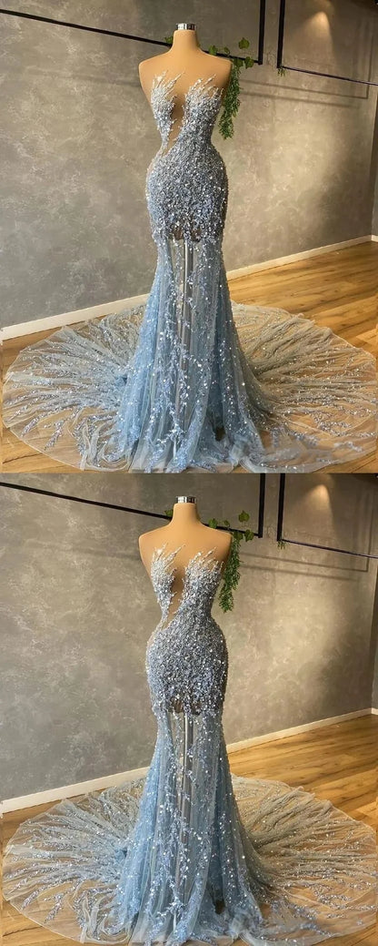 Light Blue Mermaid Sequin Party Dresses Sexy Prom Dress,AST2287