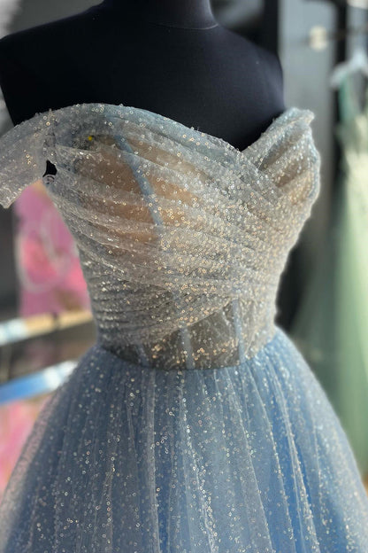 Light Blue Pleated Off the Shoulder A-line Long Formal Dress