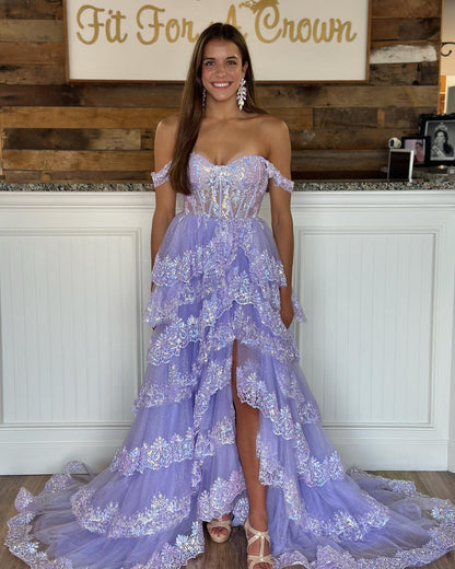 Light Blue Sequin Appliques Tiered Ruffles Prom Gown