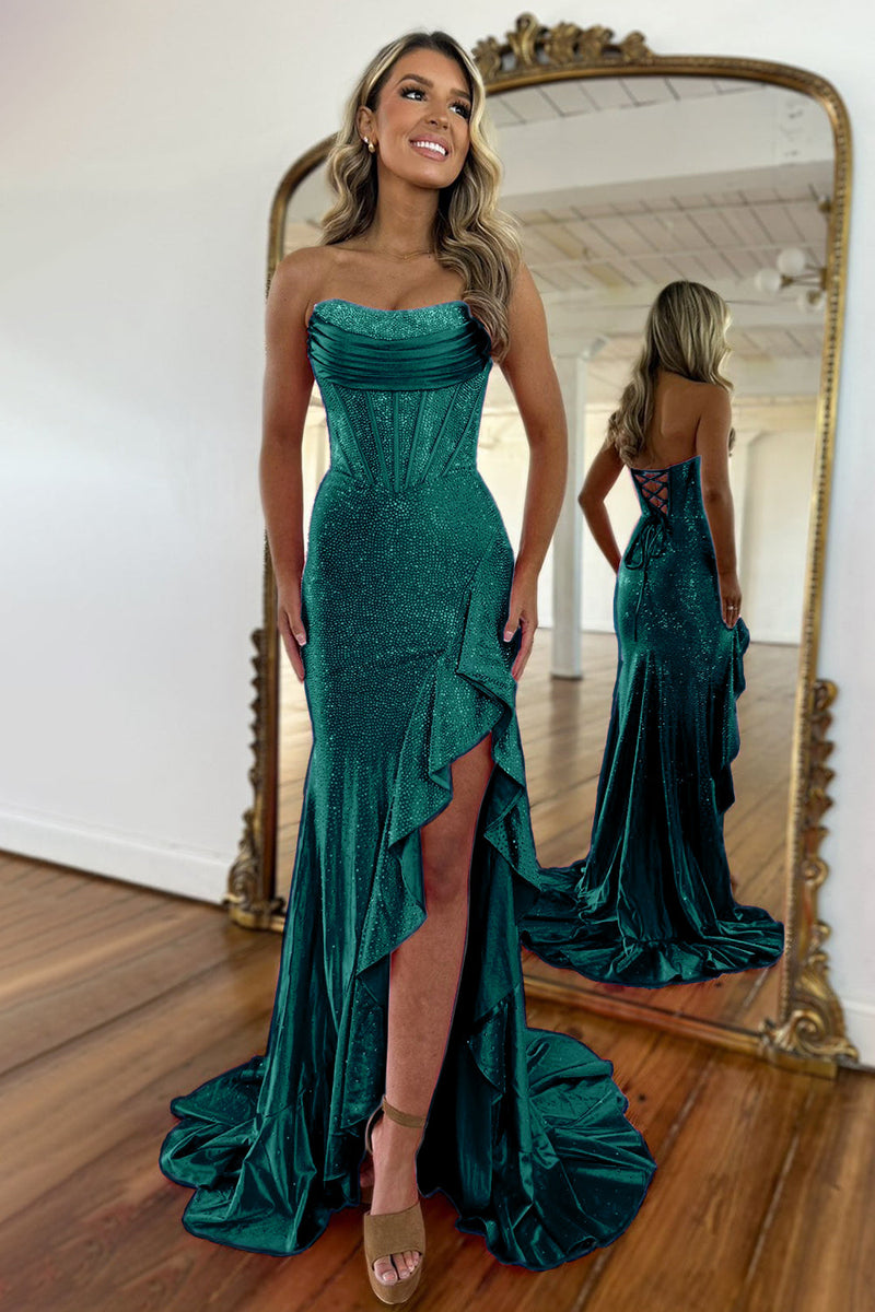 Light Blue Strapless Mermaid Prom Dress with Lace Up Back Beaded Details and Leg Slit