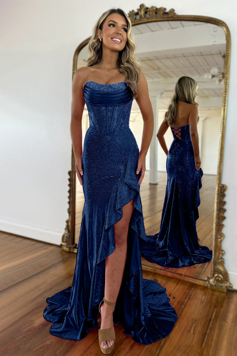 Light Blue Strapless Mermaid Prom Dress with Lace Up Back Beaded Details and Leg Slit