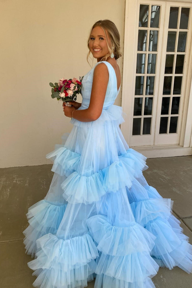 Light Blue V Neck Ruffles A-line Long Gown