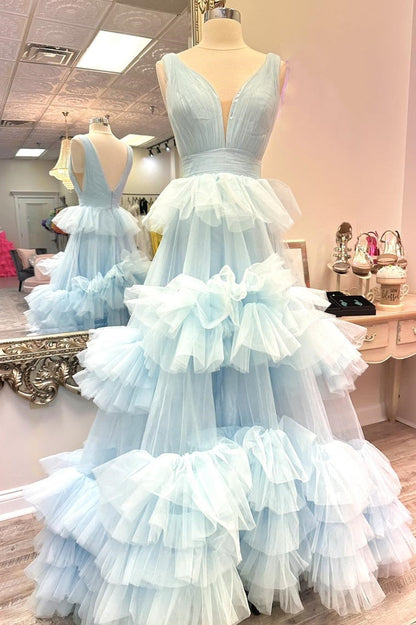 Light Blue V Neck Ruffles A-line Long Gown