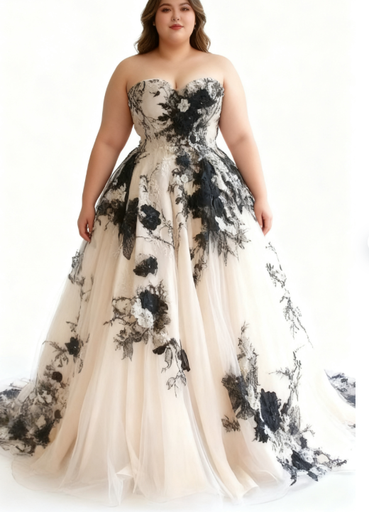 Light Champagne A-line Sweetheart Neckline Tulle Applique Wedding Dress, Vintage Long Evening Gown
