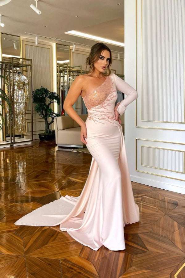 Light Pink One Shoulder Mermaid Prom Dress with Sequined Appliques