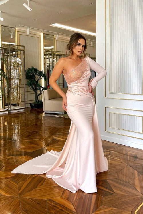 Light Pink One Shoulder Mermaid Prom Dress with Sequined Appliques