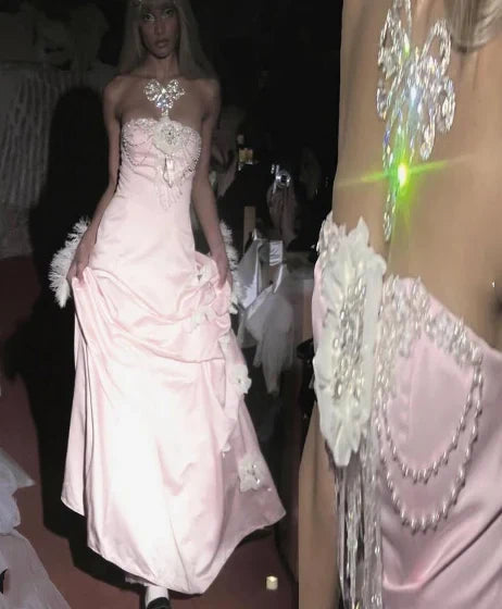 Light Pink Strapless Prom Dresses Pearl Floral Evening Party Dress,AST2230