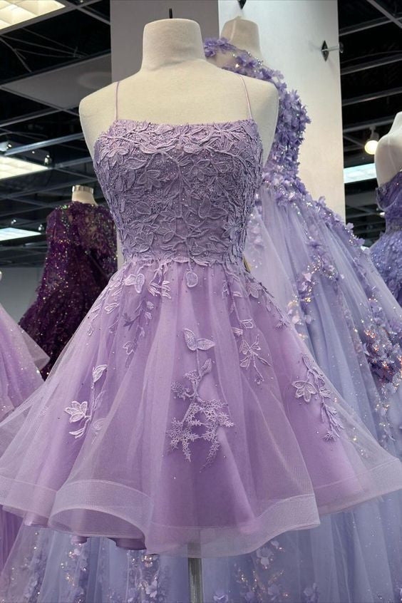 Light Purple Straps Tulle with Lace Party Dress, Light Purple Homecoming Dress