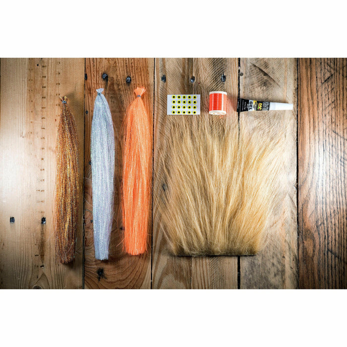 Light Saber DIY Fly Tying Kit materials including gold polar flash, orange thread, and eyes