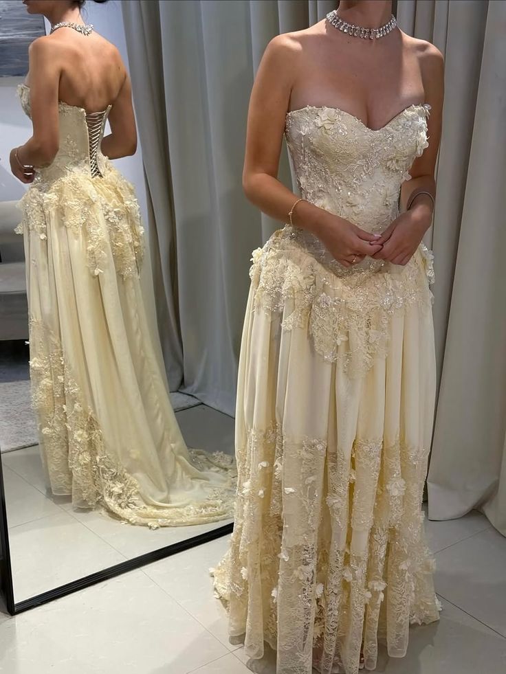 Light Yellow Floral Prom Dresses Lace Chiffon Evening Formal Gown,AST2240