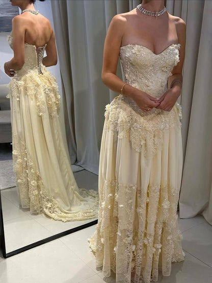Light Yellow Floral Prom Dresses Lace Chiffon Evening Formal Gown,AST2240