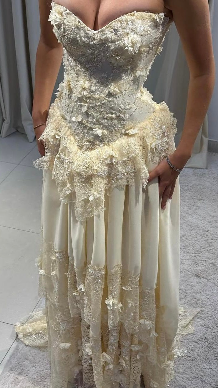 Light Yellow Floral Prom Dresses Lace Chiffon Evening Formal Gown,AST2240