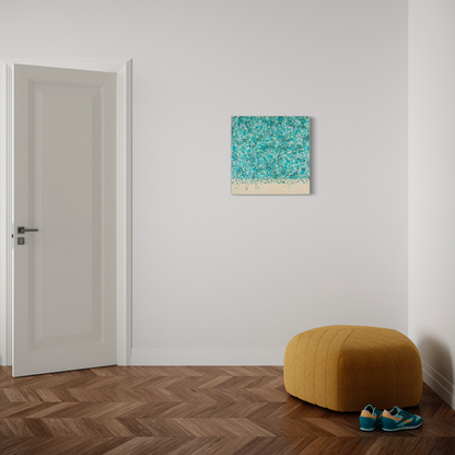 The artwork 'Listen Deeply' by Eric Jiaju Lee features a vibrant abstract composition with a stunning turquoise blue expanse dotted with intricate patterns, reminiscent of ocean waves or scattered petals, floating above a serene cream-colored base. The 24x24 inch acrylic on canvas creates a mesmerizing effect through its textural details and color contrast.