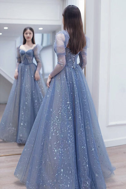 Long Sleeves Blue Beaded Tulle Long Prom Dress