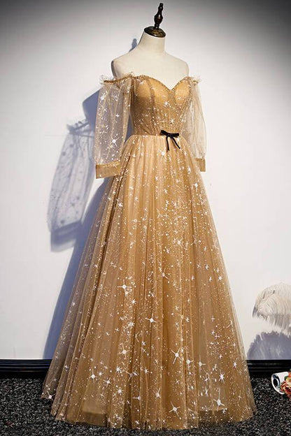 Long Sleeves Champagne Long Evening Dress
