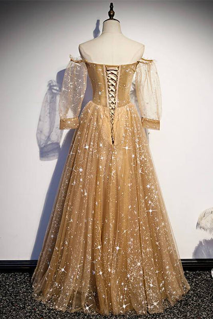 Long Sleeves Champagne Long Evening Dress