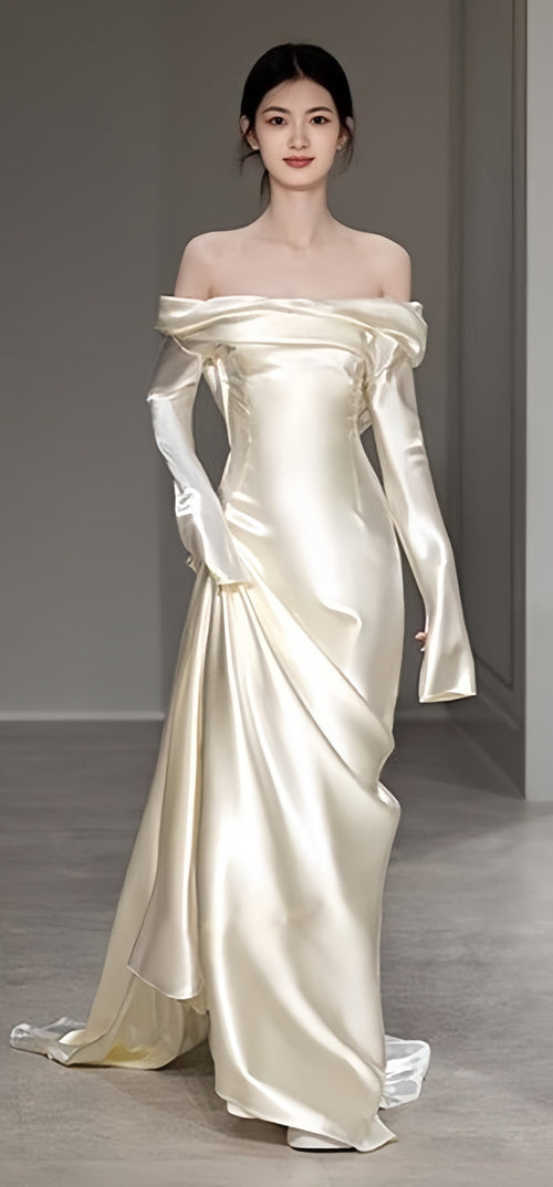 Long Sleeves Ivory Satin Pleated Long Prom Dresses With Sweep Train,AST2302