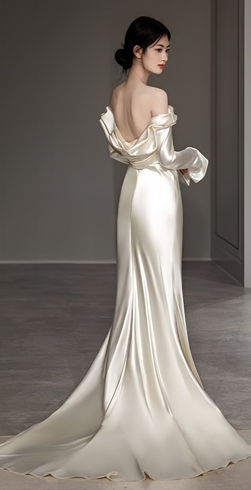 Long Sleeves Ivory Satin Pleated Long Prom Dresses With Sweep Train,AST2302
