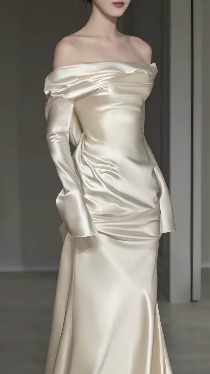Long Sleeves Ivory Satin Pleated Long Prom Dresses With Sweep Train,AST2302