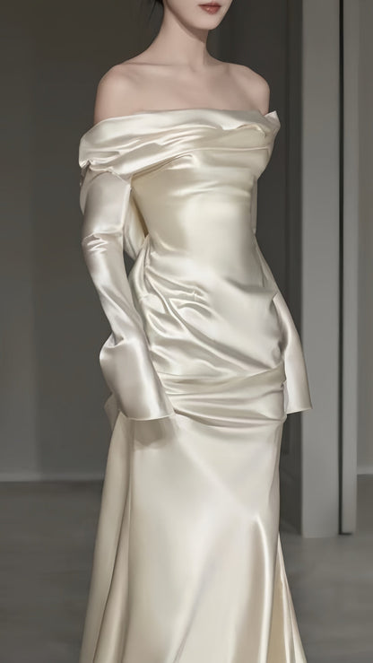 Long Sleeves Ivory Satin Pleated Long Prom Dresses With Sweep Train,AST2302