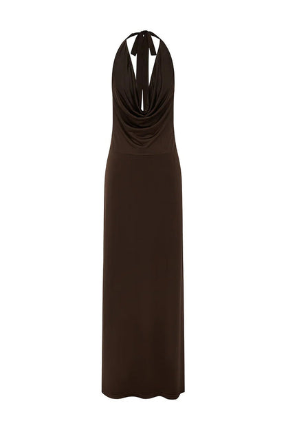 Lotus Halter Cowl Maxi Dress - Bitter Chocolate