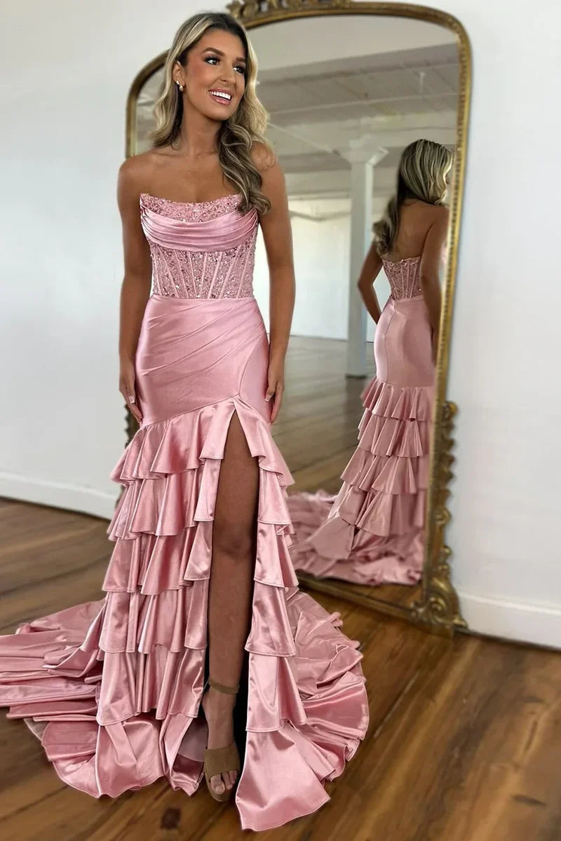 Lovely Mermaid Strapless Lace Top Long Ruffle Satin Prom Dress with Slit