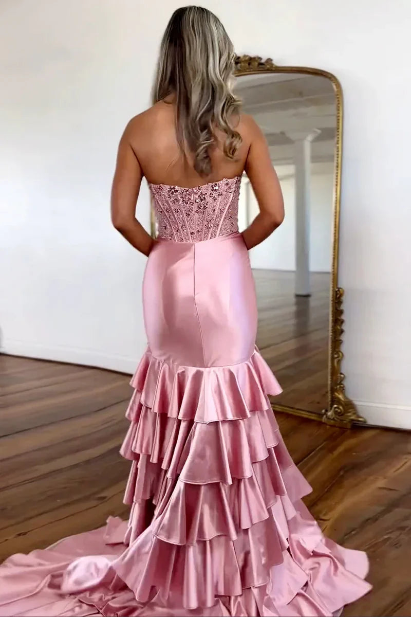 Lovely Mermaid Strapless Lace Top Long Ruffle Satin Prom Dress with Slit