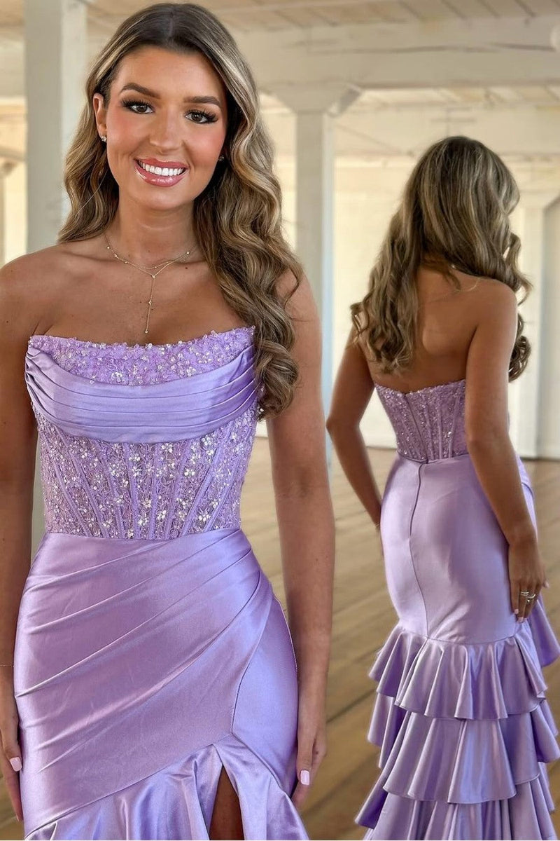 Lovely Mermaid Strapless Lace Top Long Ruffle Satin Prom Dress with Slit