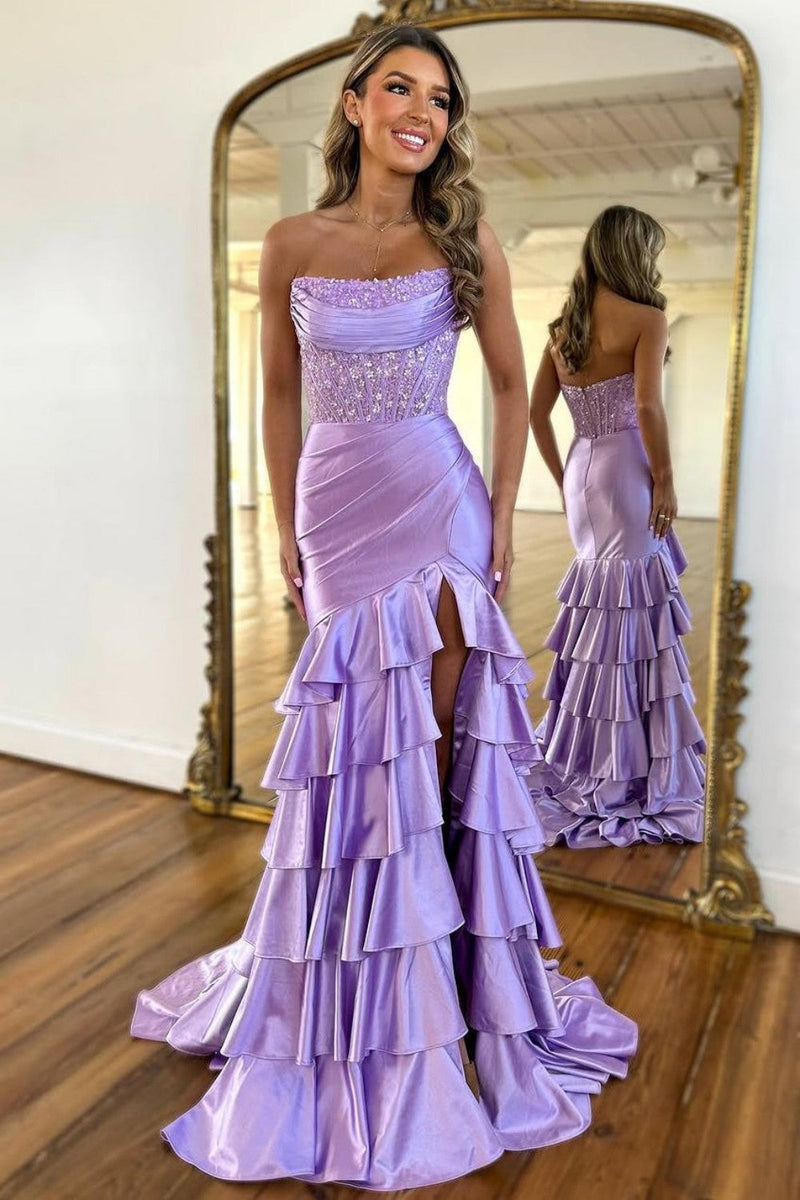 Lovely Mermaid Strapless Lace Top Long Ruffle Satin Prom Dress with Slit