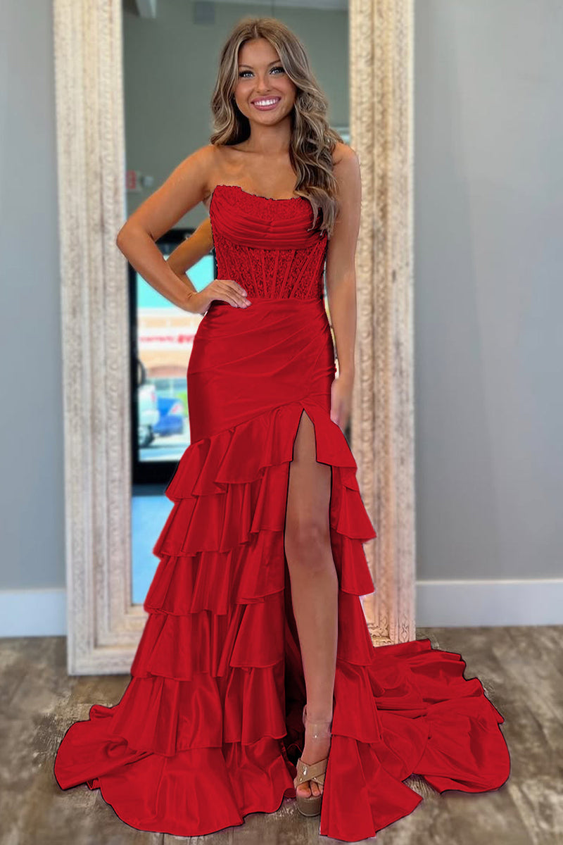 Lovely Mermaid Strapless Lace Top Long Ruffle Satin Prom Dress with Slit
