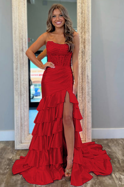Lovely Mermaid Strapless Lace Top Long Ruffle Satin Prom Dress with Slit