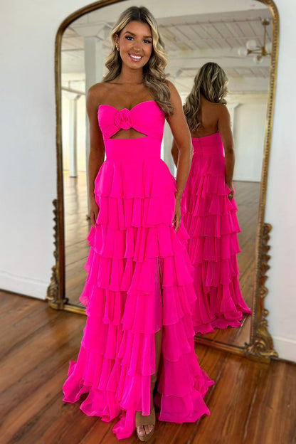 Lovely Pink Strapless A-Line Long Ruffle Chiffon Skirt Prom Dress with Slit