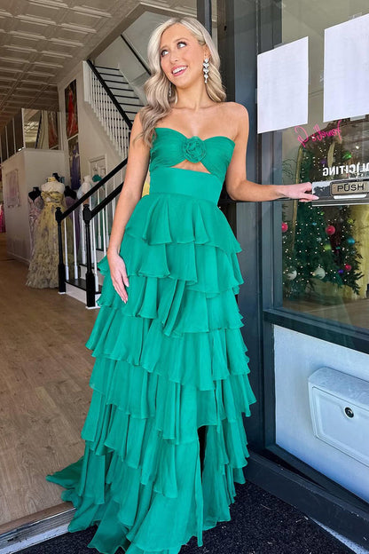 Lovely Pink Strapless A-Line Long Ruffle Chiffon Skirt Prom Dress with Slit
