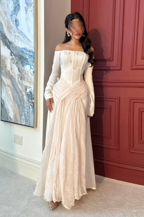 Lovely White Off-the-Shoulder Prom Dress Long Sleeves with Pleated