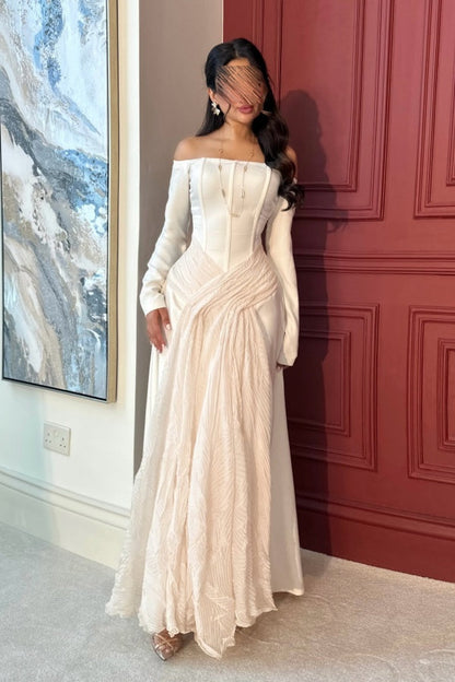 Lovely White Off-the-Shoulder Prom Dress Long Sleeves with Pleated