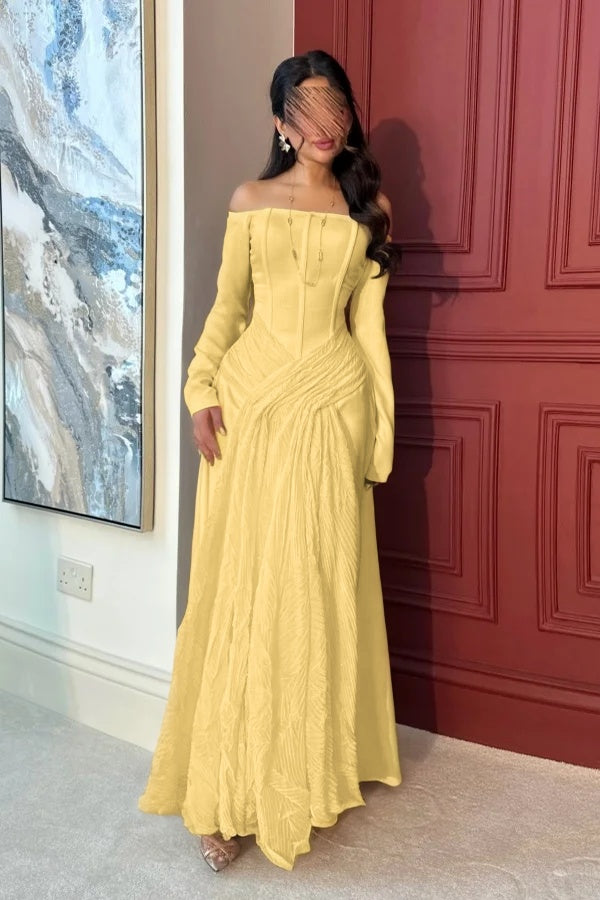 Lovely White Off-the-Shoulder Prom Dress Long Sleeves with Pleated