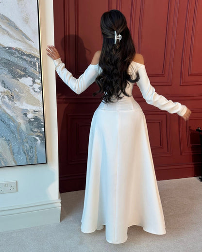 Lovely White Off-the-Shoulder Prom Dress Long Sleeves with Pleated