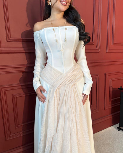 Lovely White Off-the-Shoulder Prom Dress Long Sleeves with Pleated