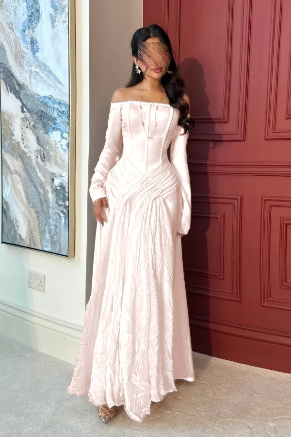 Lovely White Off-the-Shoulder Prom Dress Long Sleeves with Pleated