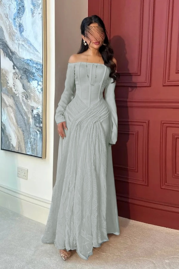 Lovely White Off-the-Shoulder Prom Dress Long Sleeves with Pleated