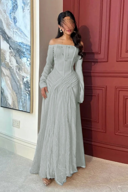 Lovely White Off-the-Shoulder Prom Dress Long Sleeves with Pleated
