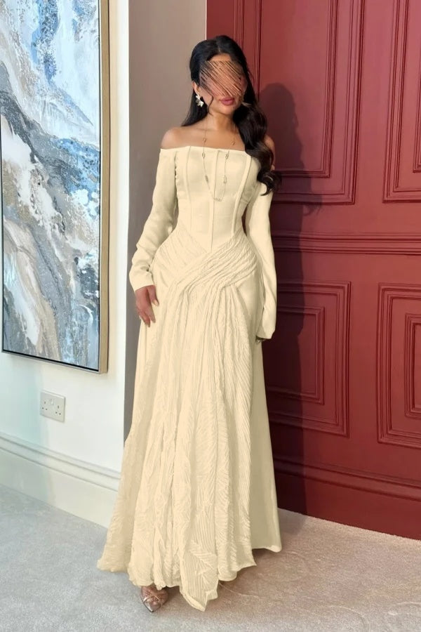 Lovely White Off-the-Shoulder Prom Dress Long Sleeves with Pleated