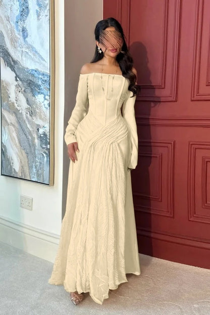 Lovely White Off-the-Shoulder Prom Dress Long Sleeves with Pleated