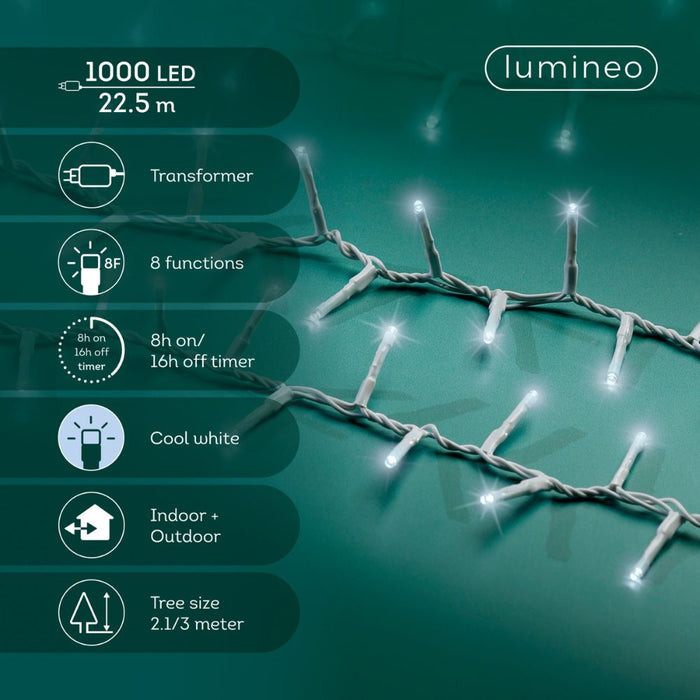 Lumineo Plug In Christmas Lights (Mains Powered) - 1000 Cool White LED String Lights Cool White - White Cable