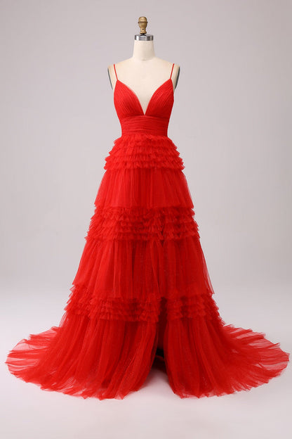 Luminouspaghetti Strap Layered Tulle Comfortable Prom Dress