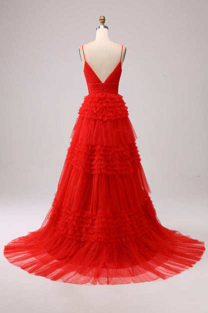 Luminouspaghetti Strap Layered Tulle Comfortable Prom Dress